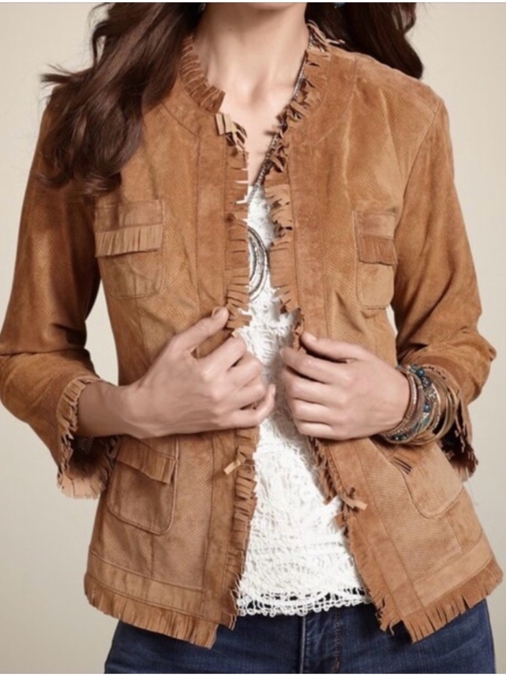 Chico’s Tan Suede Leather Fringe Jacket Medium